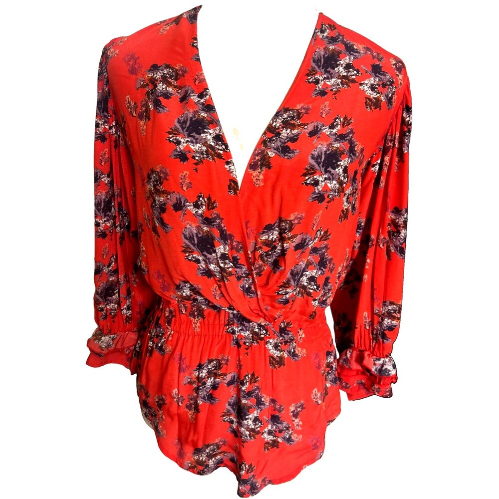 IRO Posti Blouse Red Floral Viscose Peplum Long Sleeve V-Neck FR 34 XS Crepe